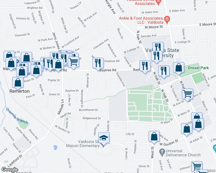 map of restaurants, bars, coffee shops, grocery stores, and more near 515 Brookdale Drive in Valdosta