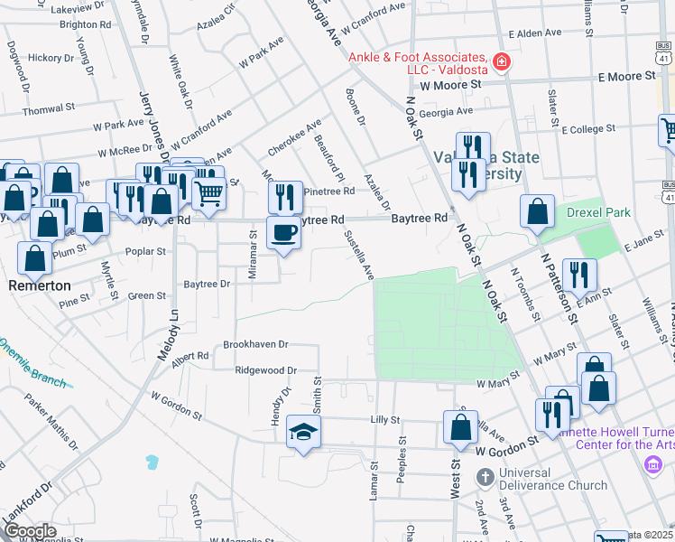 map of restaurants, bars, coffee shops, grocery stores, and more near 36 Turner Drive in Valdosta