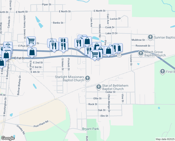 map of restaurants, bars, coffee shops, grocery stores, and more near 205 Martin Luther King Drive in DeRidder