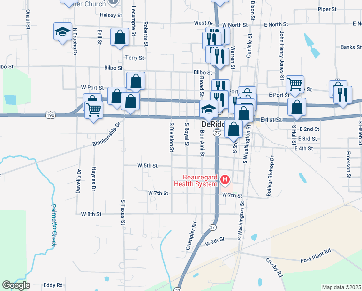 map of restaurants, bars, coffee shops, grocery stores, and more near 602 3rd Street in DeRidder