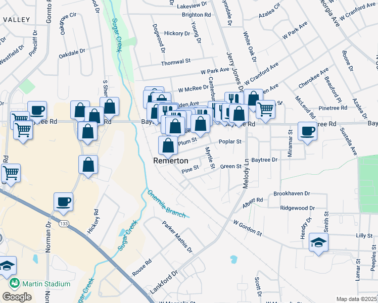map of restaurants, bars, coffee shops, grocery stores, and more near 1745 Poplar Street in Valdosta