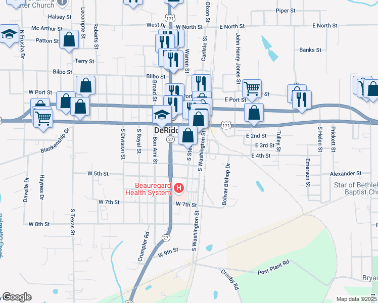 map of restaurants, bars, coffee shops, grocery stores, and more near 202 West 3rd Street in DeRidder