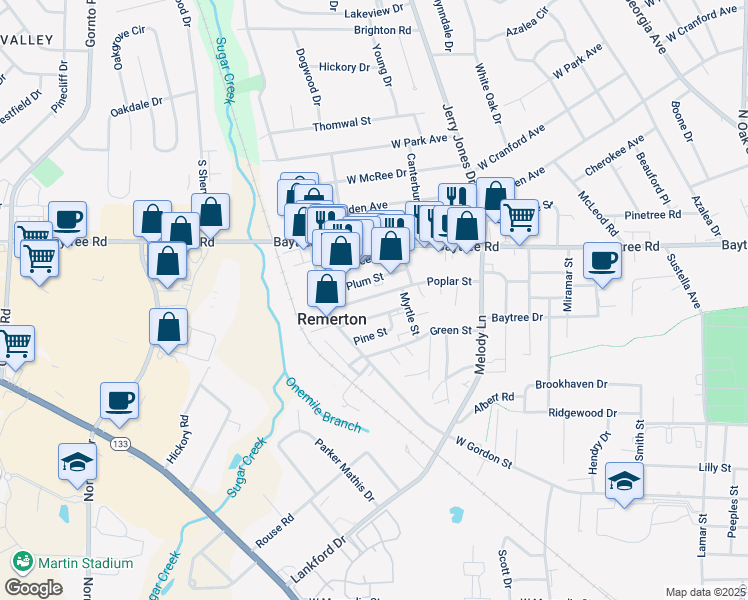 map of restaurants, bars, coffee shops, grocery stores, and more near 1743 Poplar Street in Valdosta