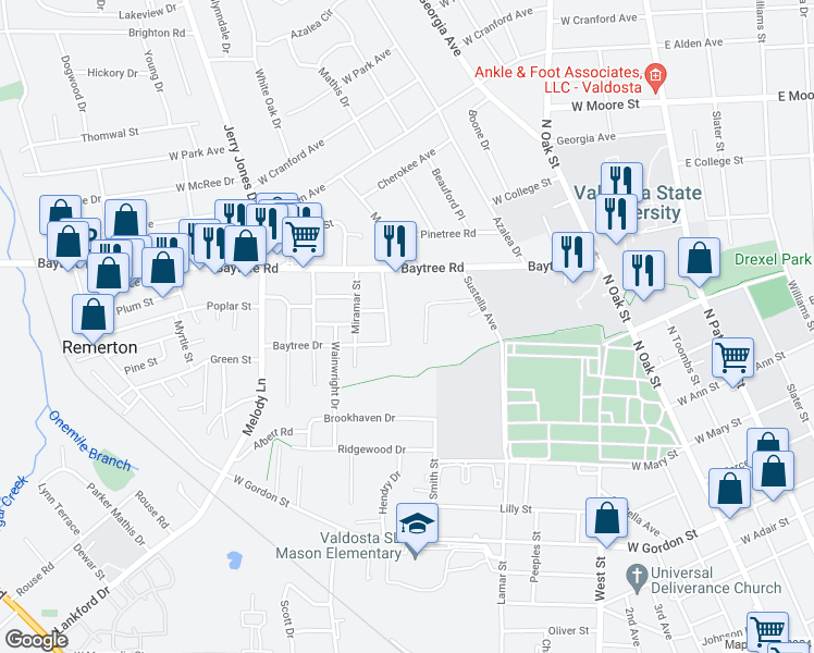 map of restaurants, bars, coffee shops, grocery stores, and more near 526 Brookdale Drive in Valdosta