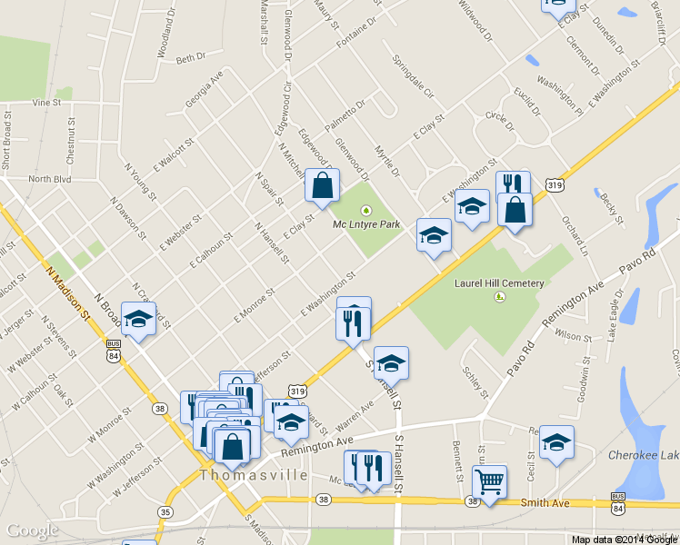 map of restaurants, bars, coffee shops, grocery stores, and more near 701 East Washington Street in Thomasville