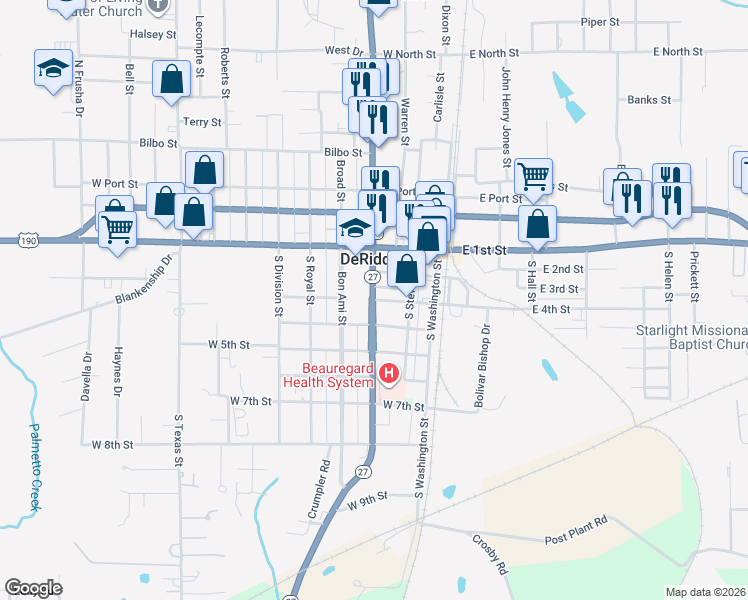 map of restaurants, bars, coffee shops, grocery stores, and more near 602 West 3rd Street in DeRidder