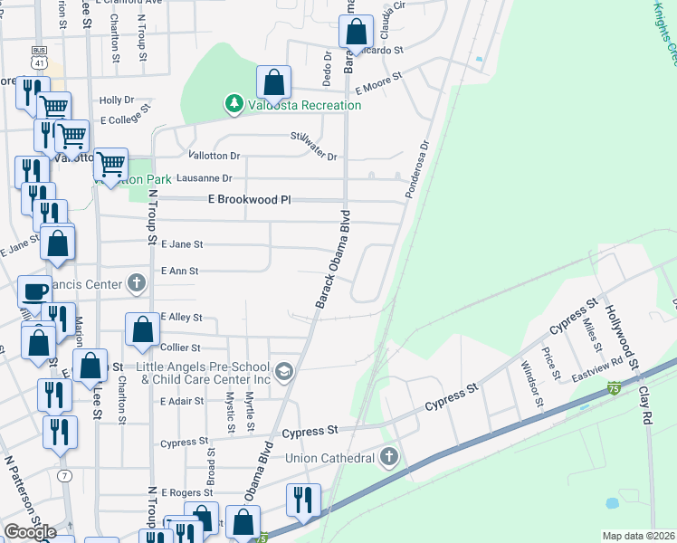 map of restaurants, bars, coffee shops, grocery stores, and more near 903 Judy Lane in Valdosta