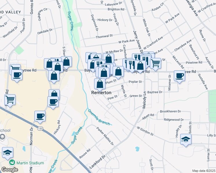 map of restaurants, bars, coffee shops, grocery stores, and more near 1750 Poplar Street in Valdosta