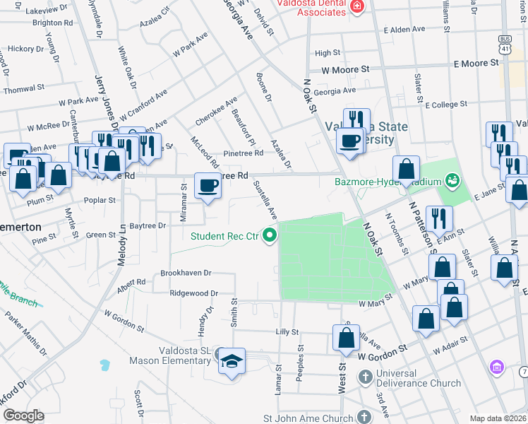map of restaurants, bars, coffee shops, grocery stores, and more near 1406 Sustella Avenue in Valdosta