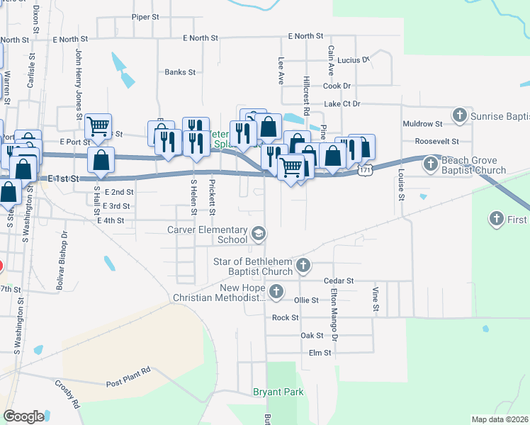 map of restaurants, bars, coffee shops, grocery stores, and more near 205 Martin Luther King Drive in DeRidder