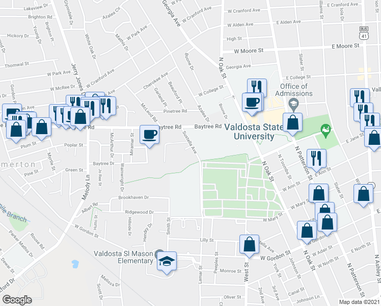 map of restaurants, bars, coffee shops, grocery stores, and more near 1406 Sustella Avenue in Valdosta