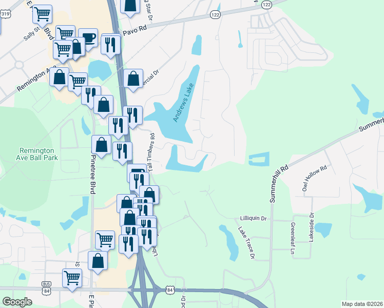 map of restaurants, bars, coffee shops, grocery stores, and more near 216 White Blossom Trail in Thomasville