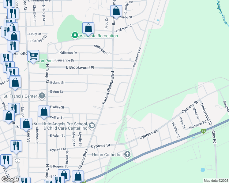 map of restaurants, bars, coffee shops, grocery stores, and more near 903 Judy Lane in Valdosta