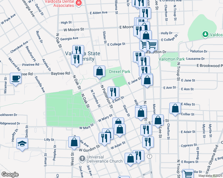 map of restaurants, bars, coffee shops, grocery stores, and more near in Valdosta