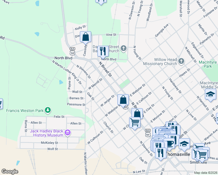 map of restaurants, bars, coffee shops, grocery stores, and more near 219 West Walcott Street in Thomasville