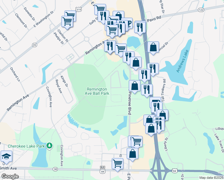 map of restaurants, bars, coffee shops, grocery stores, and more near 121 Pine Lake Drive in Thomasville
