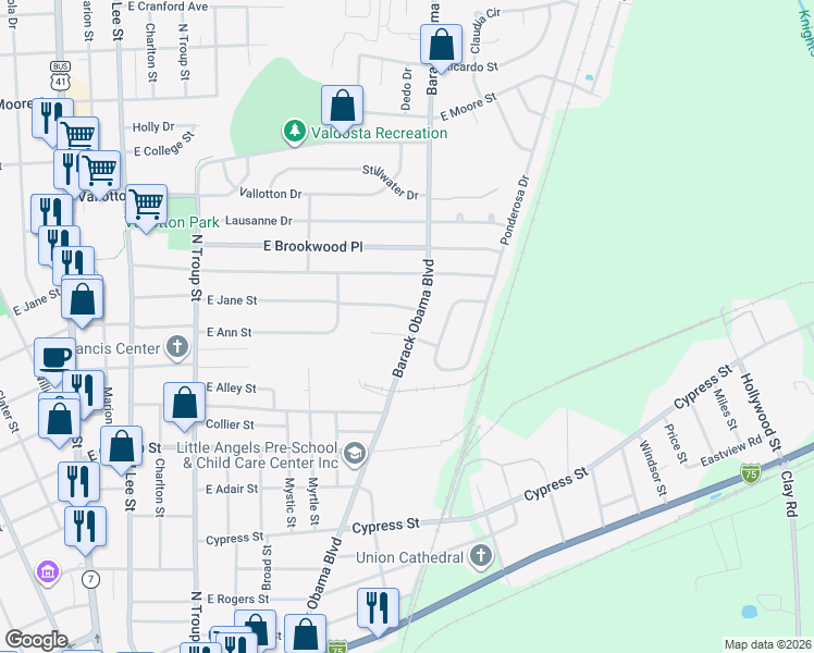 map of restaurants, bars, coffee shops, grocery stores, and more near 903 Judy Lane in Valdosta