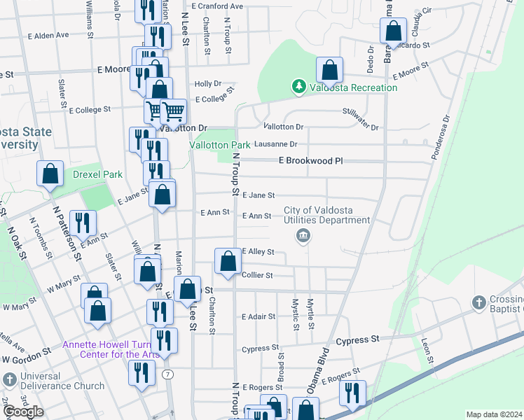 map of restaurants, bars, coffee shops, grocery stores, and more near 711 East Ann Street in Valdosta