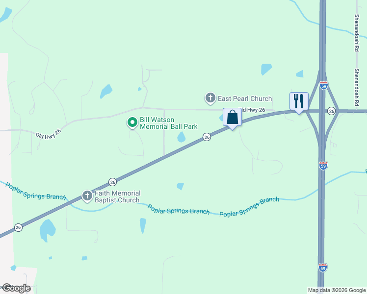 map of restaurants, bars, coffee shops, grocery stores, and more near 591 Mississippi 26 in Poplarville