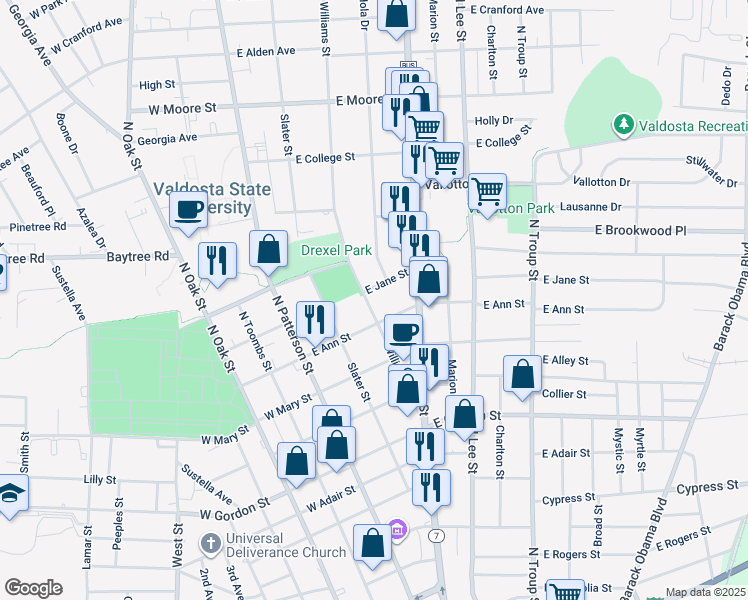 map of restaurants, bars, coffee shops, grocery stores, and more near 1205 Williams Street in Valdosta