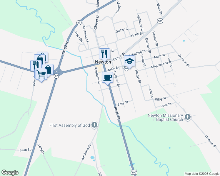 map of restaurants, bars, coffee shops, grocery stores, and more near 418 North Rusk Street in Newton