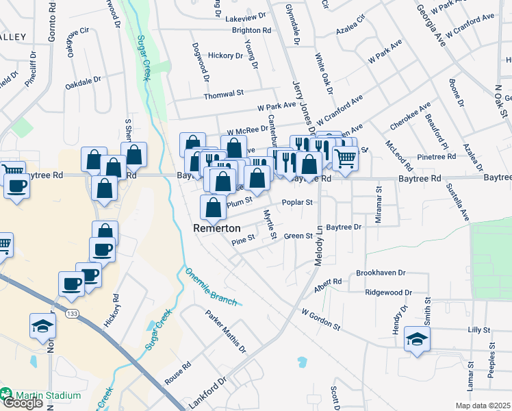 map of restaurants, bars, coffee shops, grocery stores, and more near 1810 Plum Street in Valdosta