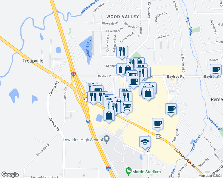 map of restaurants, bars, coffee shops, grocery stores, and more near 1720 Springhill Drive in Valdosta