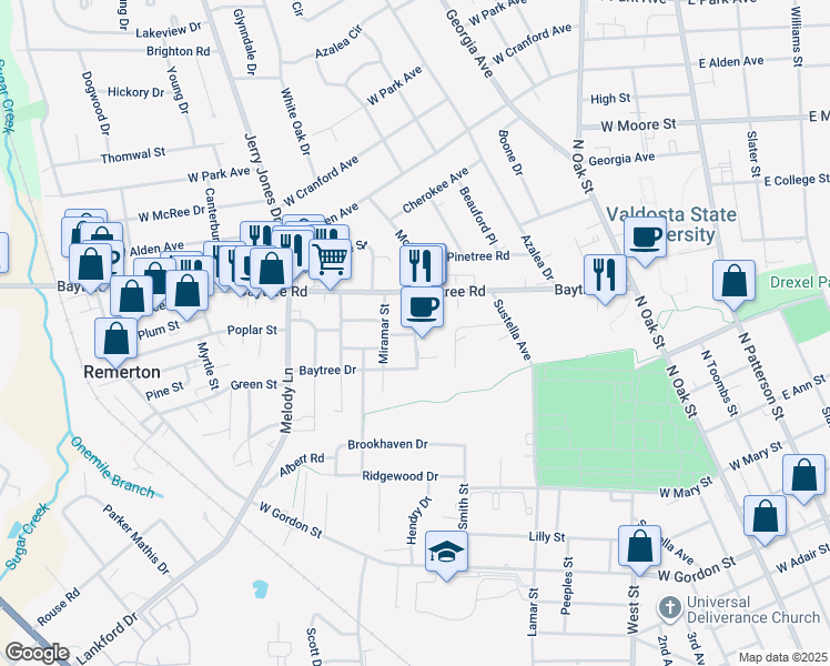 map of restaurants, bars, coffee shops, grocery stores, and more near 701c Baytree Road in Valdosta