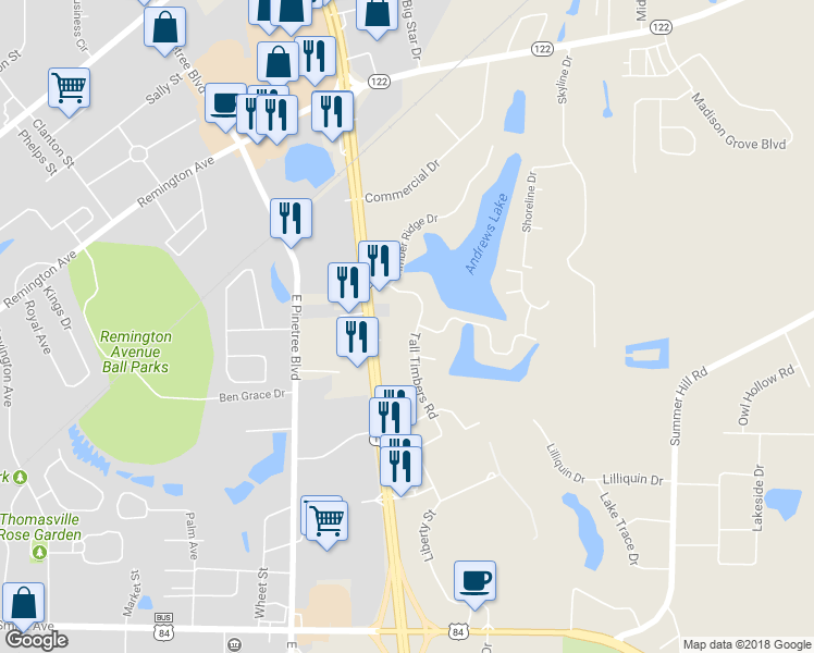 map of restaurants, bars, coffee shops, grocery stores, and more near 162 Tall Timbers Road in Thomasville