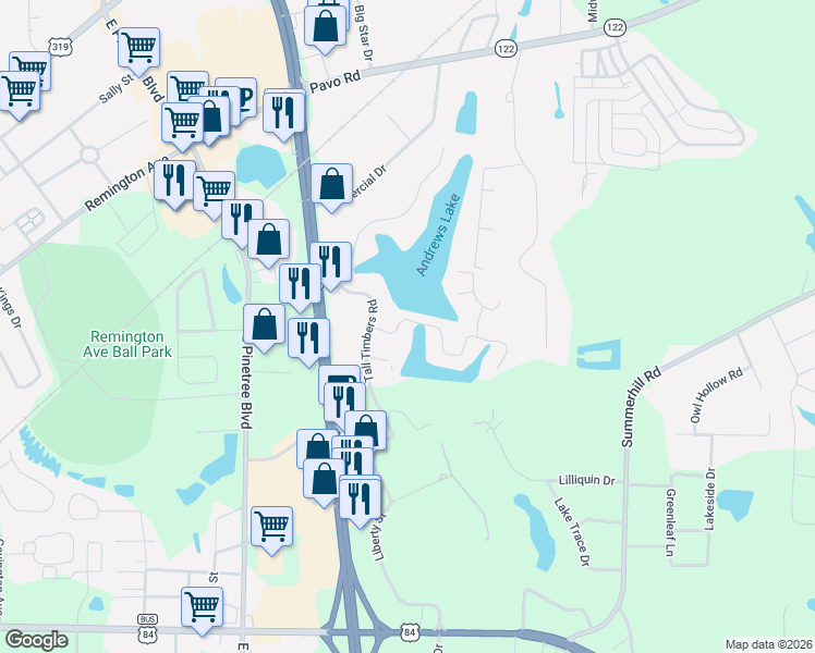map of restaurants, bars, coffee shops, grocery stores, and more near 100 White Blossom Trail in Thomasville