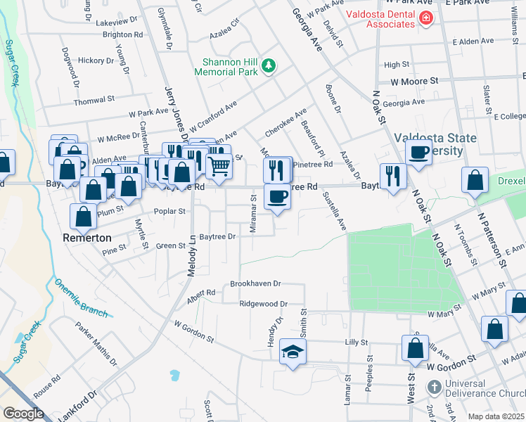map of restaurants, bars, coffee shops, grocery stores, and more near 701c Baytree Road in Valdosta