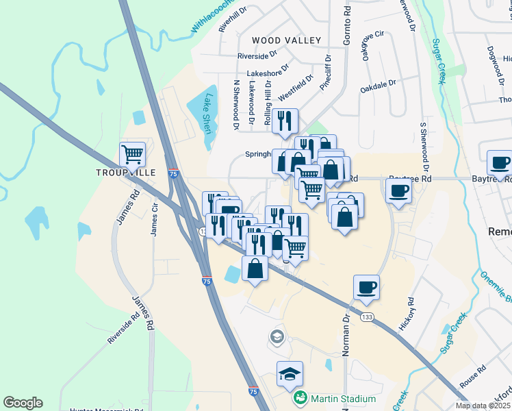 map of restaurants, bars, coffee shops, grocery stores, and more near 712 Spring Hill Place in Valdosta