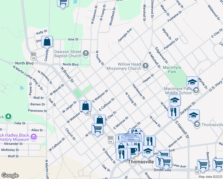 map of restaurants, bars, coffee shops, grocery stores, and more near 626 North Dawson Street in Thomasville