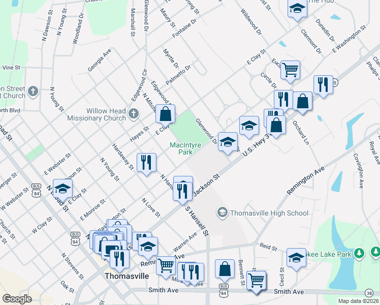 map of restaurants, bars, coffee shops, grocery stores, and more near 851 East Washington Street in Thomasville