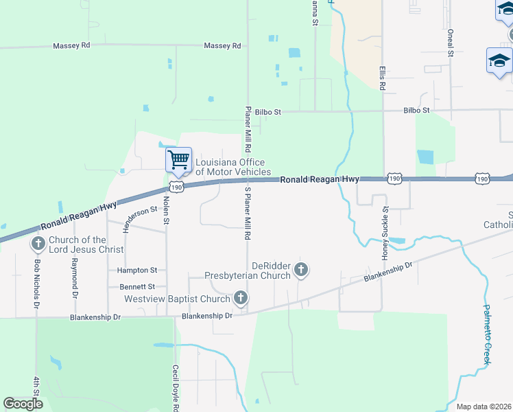 map of restaurants, bars, coffee shops, grocery stores, and more near 101-111 South Planer Mill Road in DeRidder