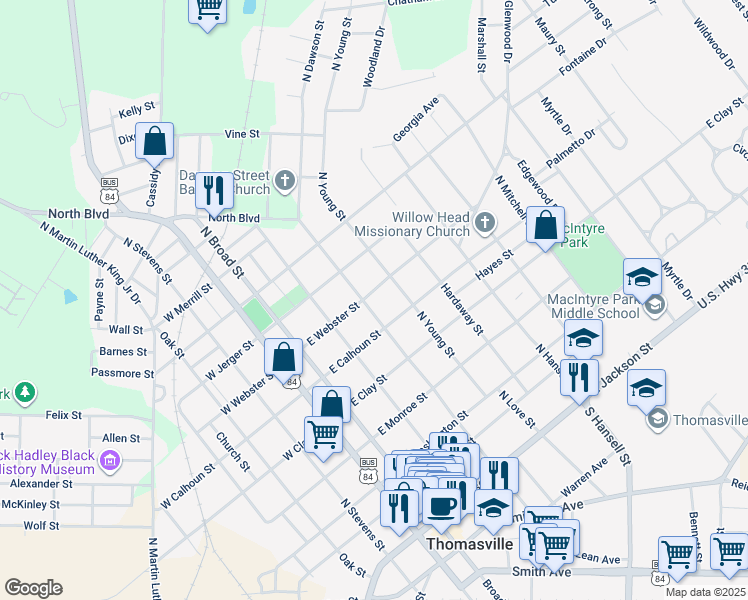map of restaurants, bars, coffee shops, grocery stores, and more near 626 North Dawson Street in Thomasville