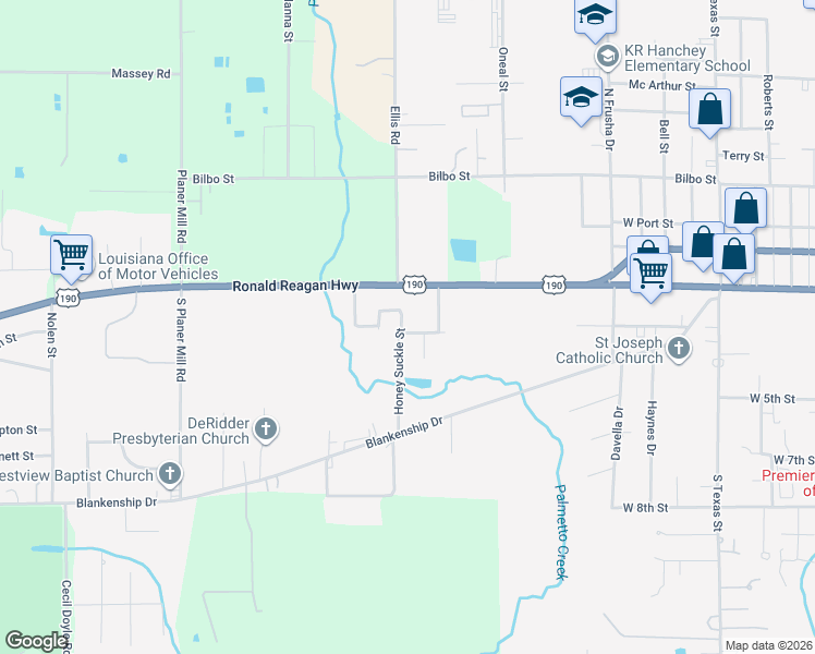 map of restaurants, bars, coffee shops, grocery stores, and more near 108 Azalea Avenue in DeRidder