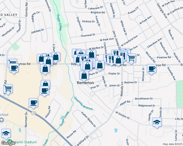 map of restaurants, bars, coffee shops, grocery stores, and more near 1919 Baytree Place in Valdosta