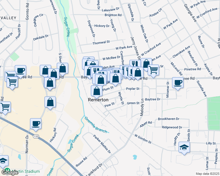 map of restaurants, bars, coffee shops, grocery stores, and more near 1810 Plum Street in Valdosta