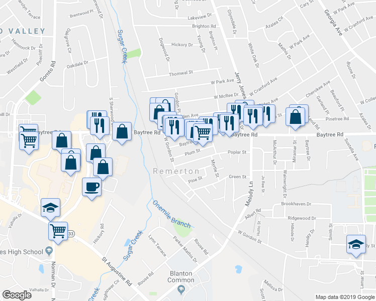map of restaurants, bars, coffee shops, grocery stores, and more near 1919 Baytree Place in Valdosta