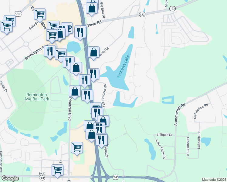 map of restaurants, bars, coffee shops, grocery stores, and more near 100 White Blossom Trail in Thomasville