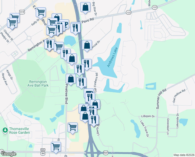 map of restaurants, bars, coffee shops, grocery stores, and more near 135 Tall Timbers Road in Thomasville
