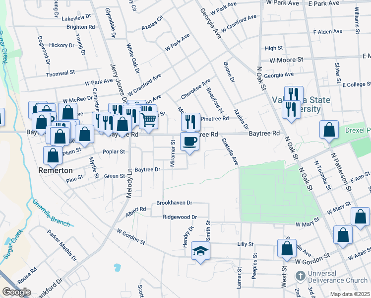 map of restaurants, bars, coffee shops, grocery stores, and more near 701c Baytree Road in Valdosta