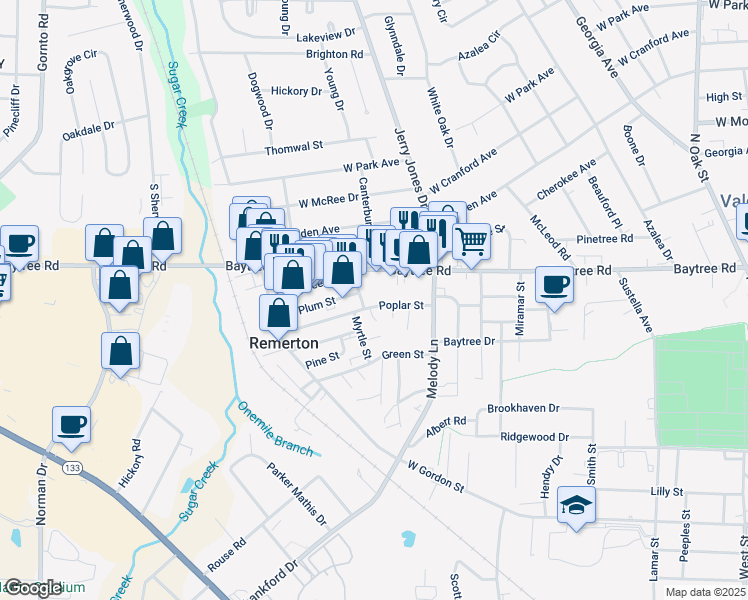 map of restaurants, bars, coffee shops, grocery stores, and more near 1726 Poplar Street in Valdosta