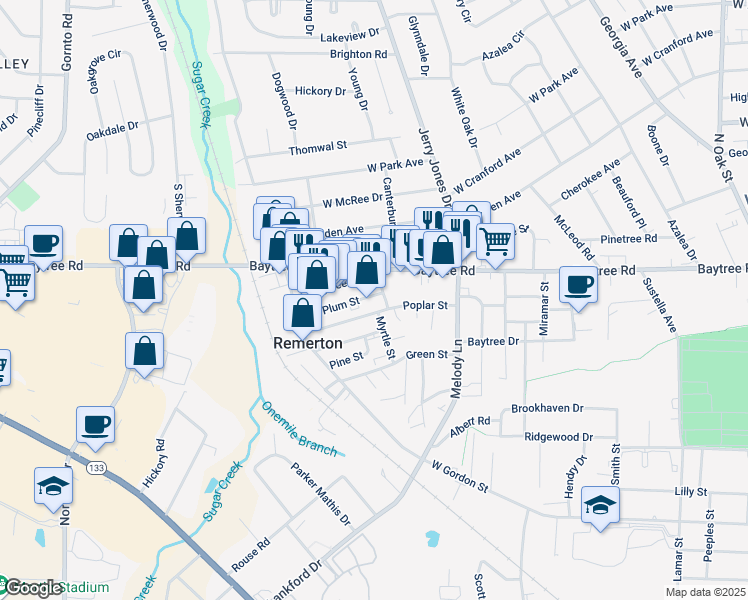 map of restaurants, bars, coffee shops, grocery stores, and more near 1726 Poplar Street in Valdosta
