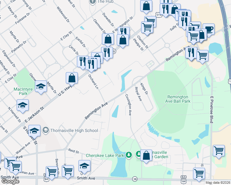 map of restaurants, bars, coffee shops, grocery stores, and more near 921 Remington Avenue in Thomasville