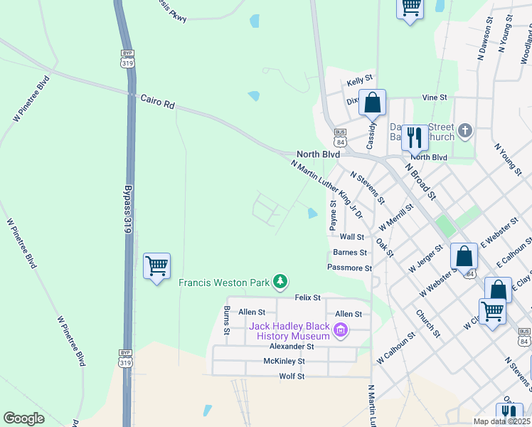map of restaurants, bars, coffee shops, grocery stores, and more near 1325 Warner Street in Thomasville