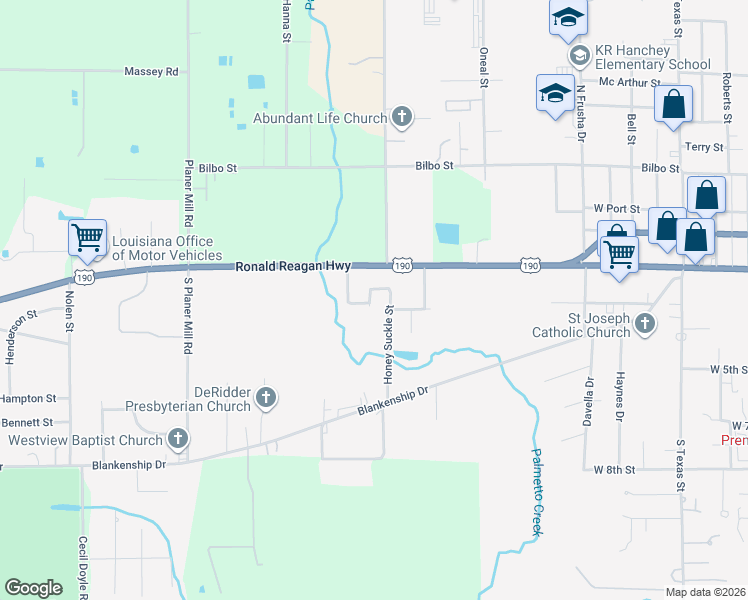 map of restaurants, bars, coffee shops, grocery stores, and more near 1417 Camelia Drive in DeRidder