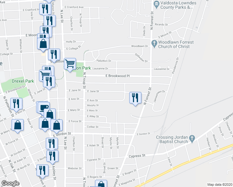map of restaurants, bars, coffee shops, grocery stores, and more near 737 East Jane Street in Valdosta
