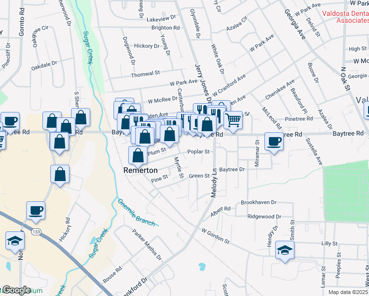 map of restaurants, bars, coffee shops, grocery stores, and more near 1726 Poplar Street in Valdosta